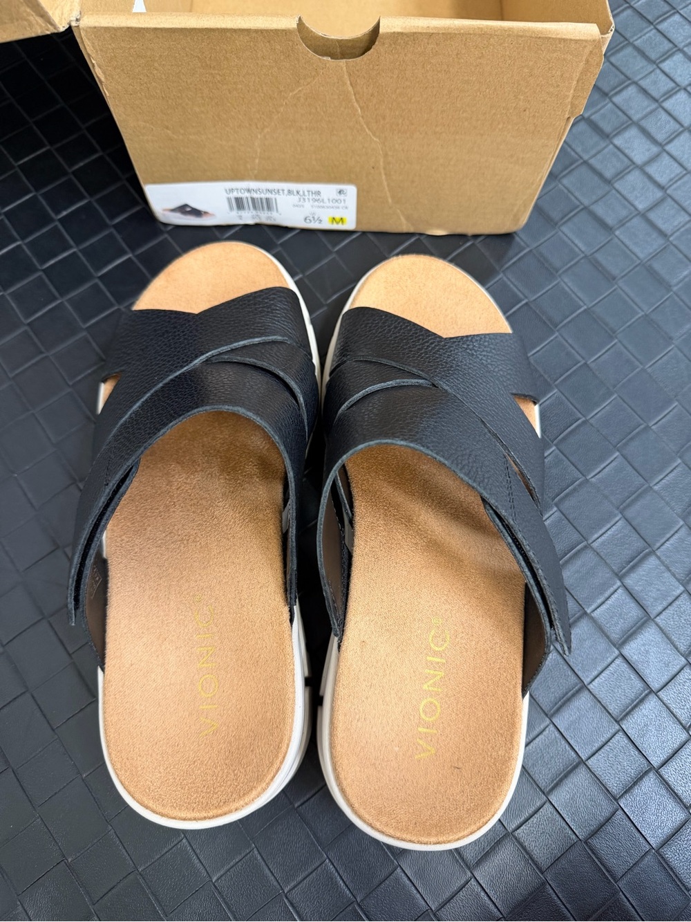 Vionic Black Cross-Strap Slide Sandals with Tan Footbed